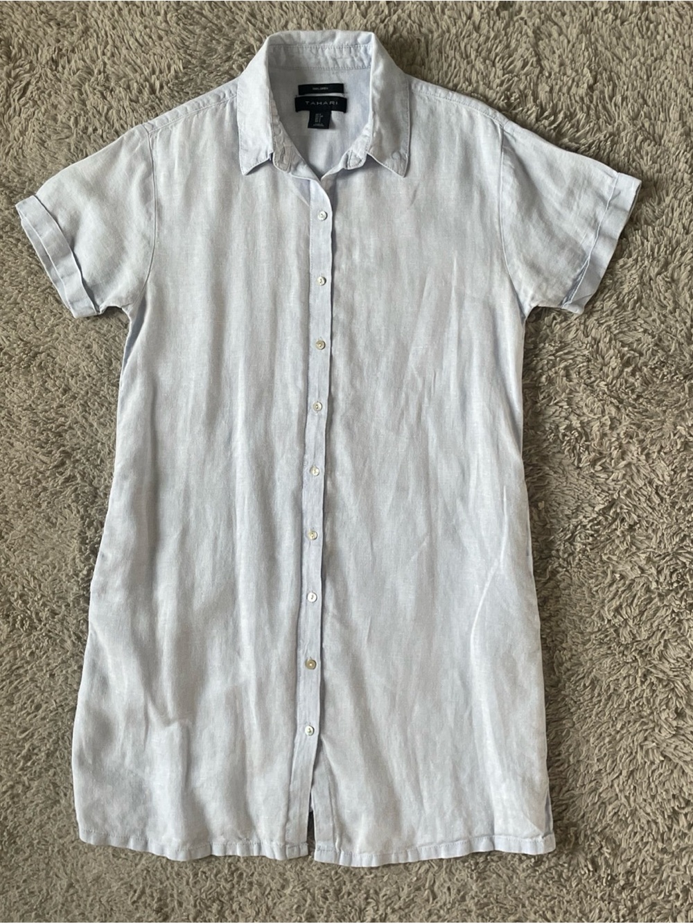 Tahari 100% Linen Shirt Dress Light Blue Button Front Short Sleeve Small Beach